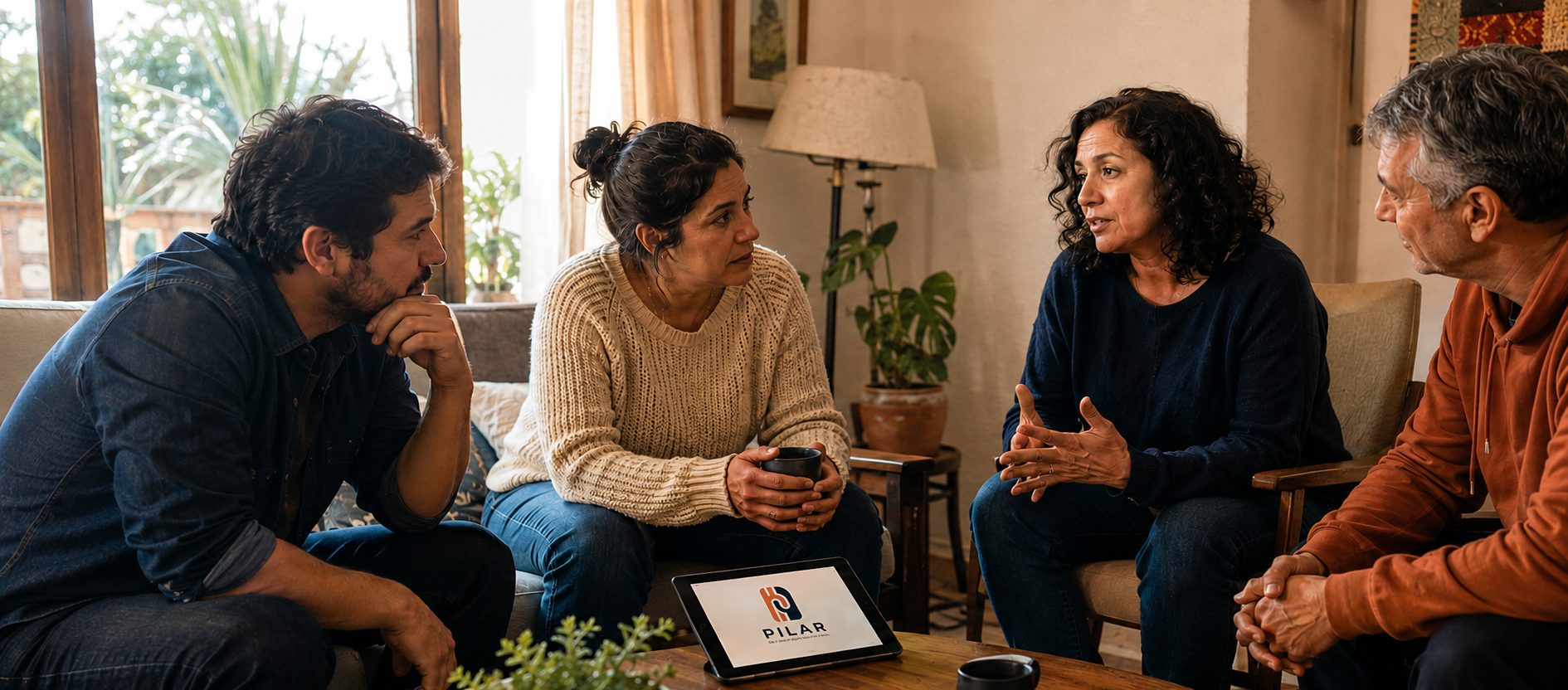 Cuatro personas conversan en un living; una tablet con el logo de Pilar sobre la mesa.