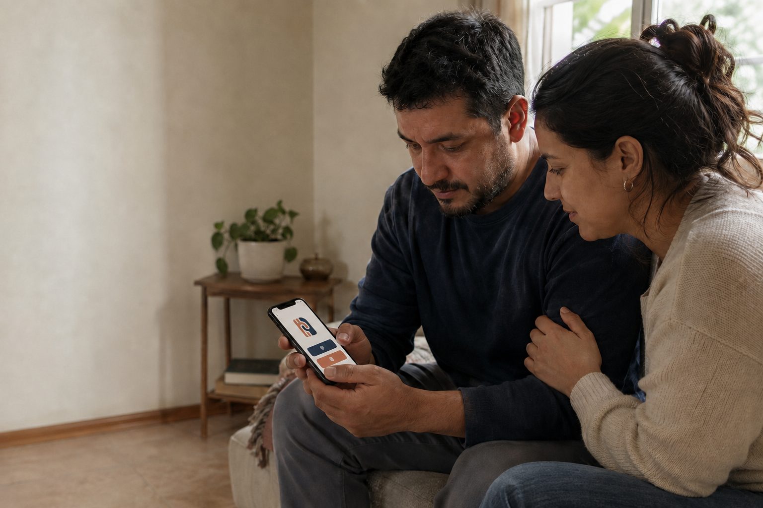 Una pareja mira junta la pantalla de un teléfono, sentados en el sillón de su casa.